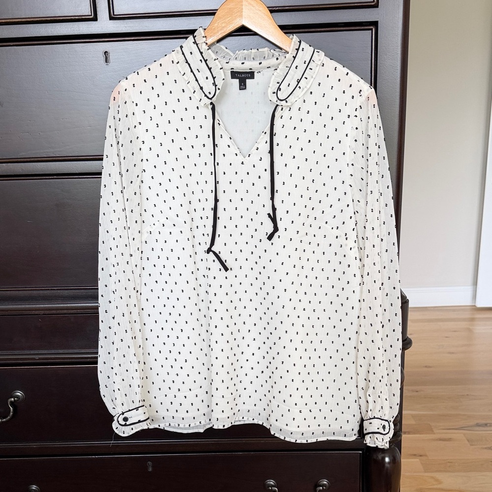 Talbots Cream Blouse with Black Polka Dots and Tie Neck